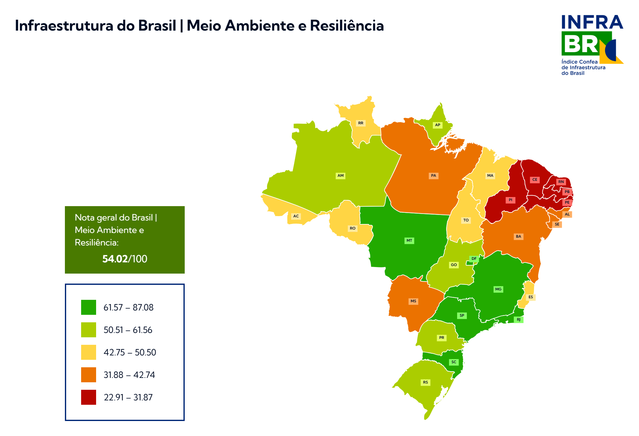 Mapa descrevendo a realidade apontada pelo Infra-BR para a dimensão Meio Ambiente e Resiliência: primeiro levantamento ratifica a desigualdade regional, também presente em outros aspectos da pesquisa