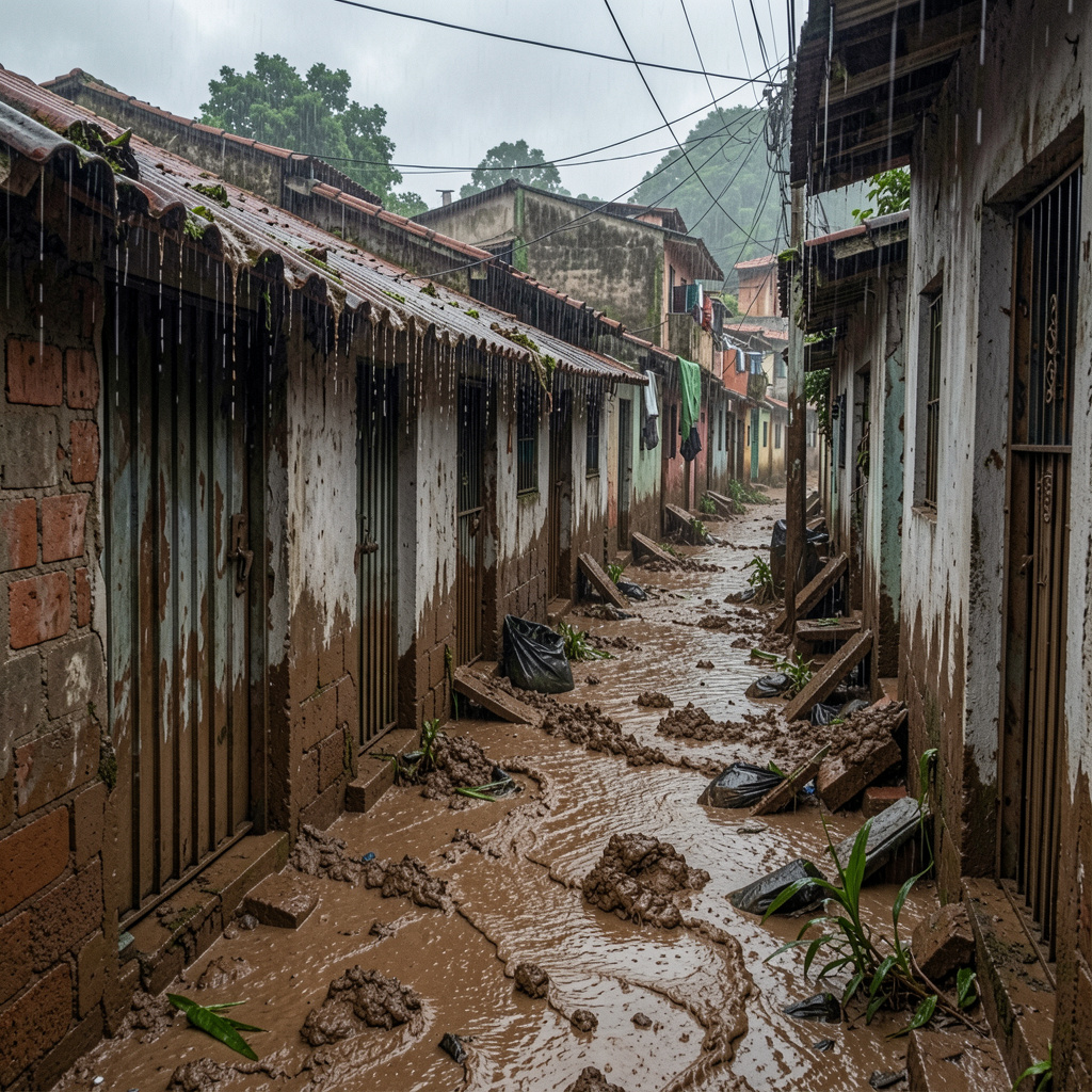 Projeção por inteligência artificial de uma chuva torrencial em uma favela brasileira Foto: Magnific