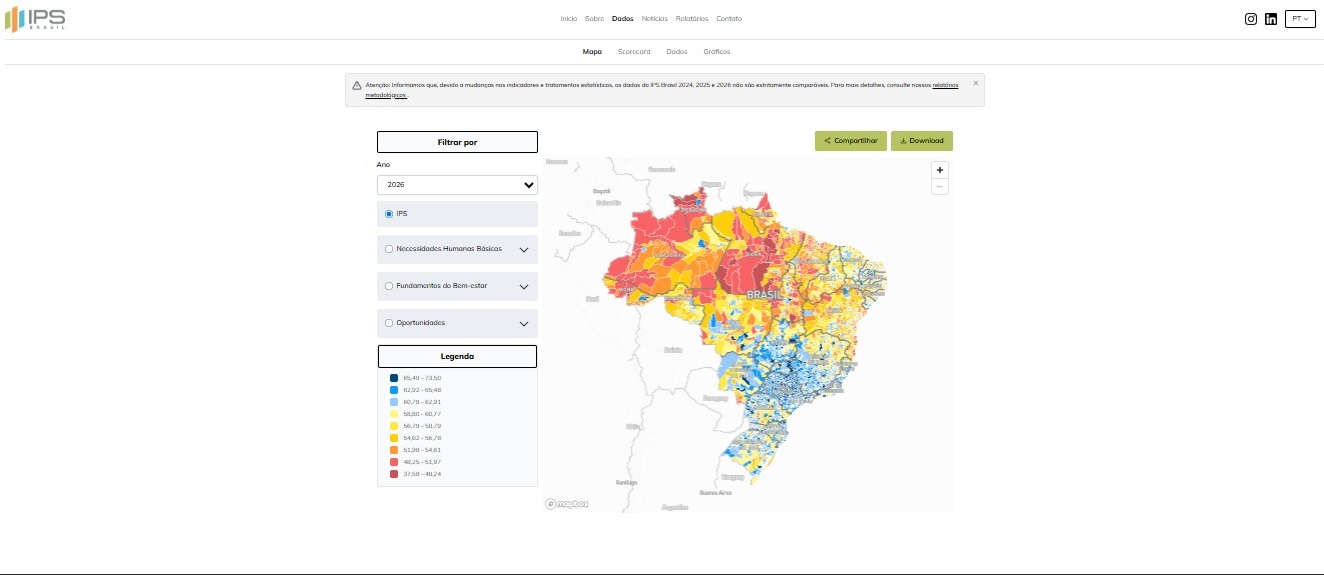 Página principal do IPS Brasil, a ser atualizada para a edição 2026 do Índice de Progresso Social que serve de referência para o Índice Confea de Infraestrutura do Brasil (Infra-BR)
