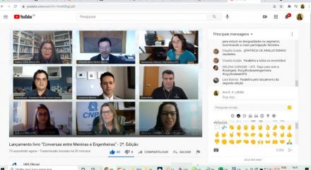 tela mostra participantes no lançamento do livro Conversas de Meninas e Engenheiras 
