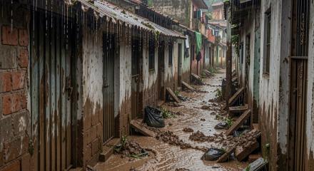 Projeção por inteligência artificial de uma chuva torrencial em uma favela brasileira Foto: Magnific