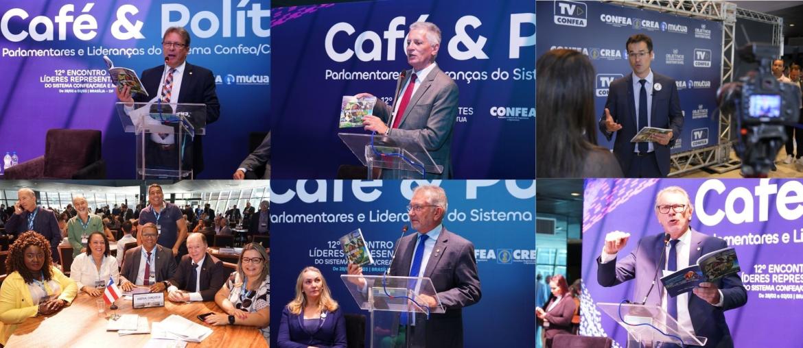 Deputados federais Bibo Nunes (PL-RS), Rogério Correia (PT-MG), Deltan Dallagnol (Podemos-PR), Neto Carletto (PP-BA), Luís Carlos Bursato (União-RS) e Afonso Hamm (PP-RS) em contato com a agenda parlamentar prioritária do Confea, durante o 12º Encontro de Líderes Representantes do Sistema Confea/Crea e Mútua